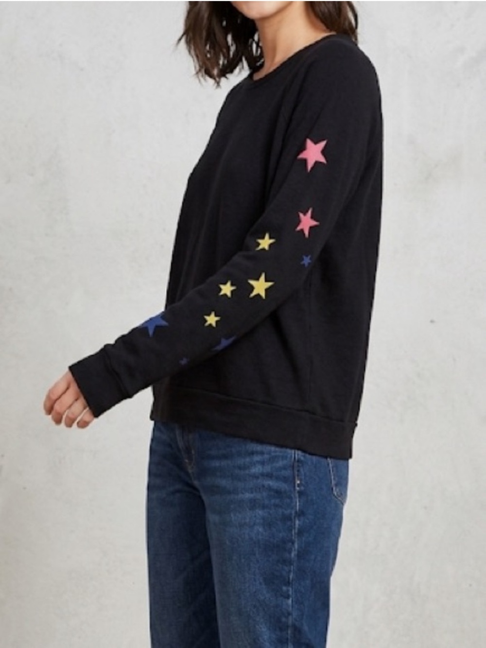 Sundry Black Long Sleeve Pullover Colorful Star Sleeve Detail Size Medium